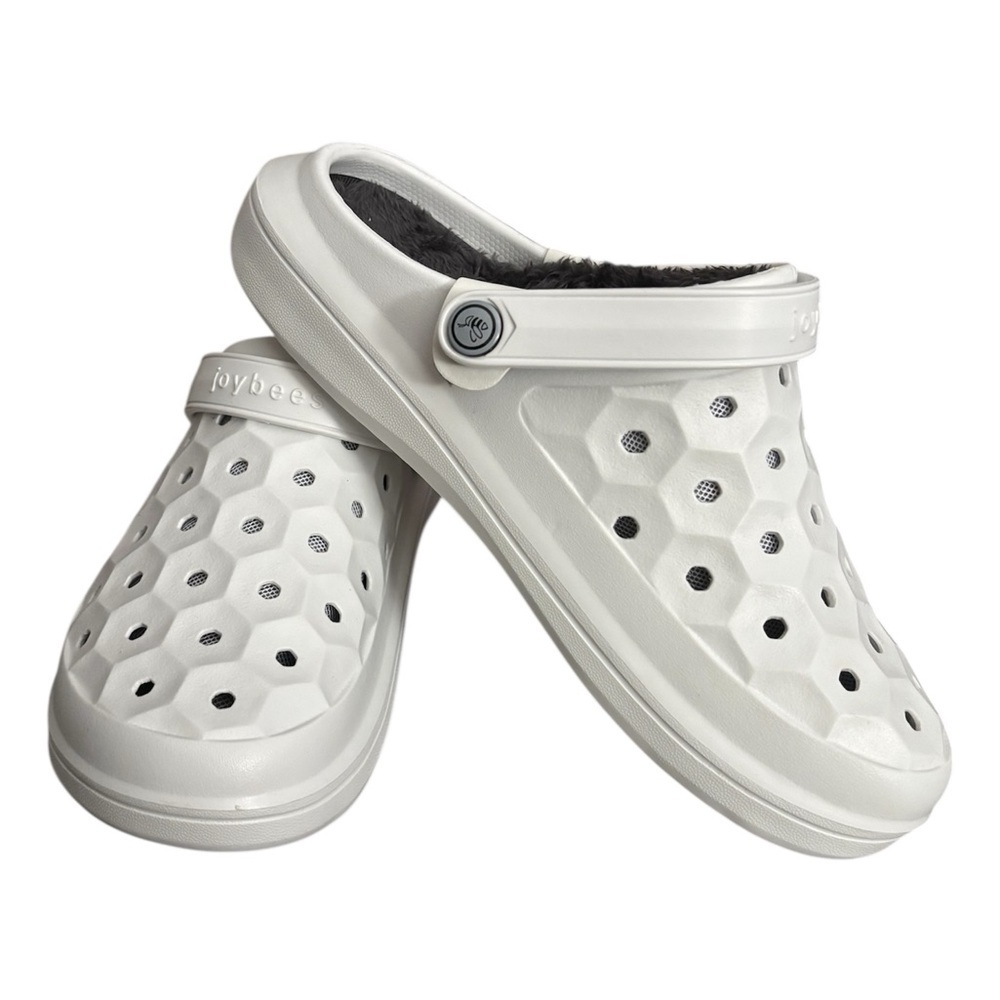 NWT Cozy Winter White Clogs With Charcoal Gray Faux Fur Lining | Size 7
